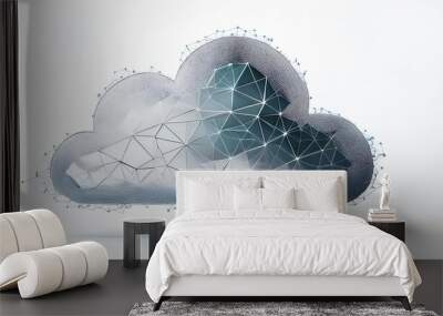 A digital cloud concept featuring abstract, geometric shapes and a network of connections, symbolizing technology and data. Wall mural