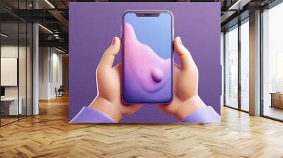 A digital illustration depicts hands holding a smartphone displaying a colorful, abstract design on its screen against a purple background. Wall mural