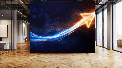 A glowing arrow moves upward against a dark background, surrounded by light trails, symbolizing progress and direction. Wall mural