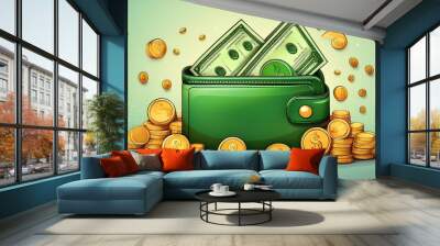 A green wallet overflowing with cash and gold coins symbolizes wealth and financial prosperity. Wall mural