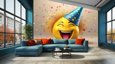 A joyful emoji wearing a party hat, surrounded by colorful confetti, radiating happiness and celebration. Wall mural