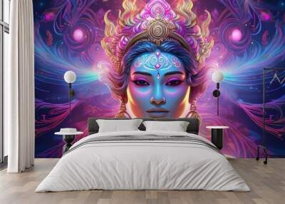 A mesmerizing depiction of a goddess with vibrant colors and intricate details, showcasing beauty and ethereal energy. Wall mural