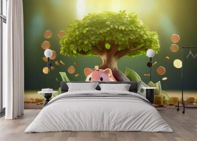 A piggy bank sits beneath a flourishing tree, surrounded by coins and cash, symbolizing growth and financial prosperity. Wall mural