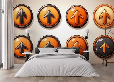 A set of eight circular buttons featuring upward arrows in various shades of orange and black. Wall mural