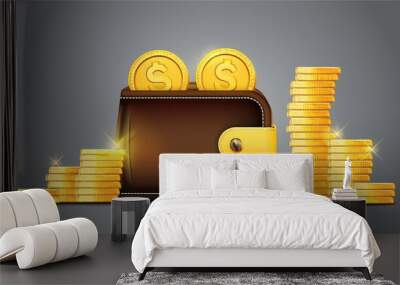 A shiny wallet surrounded by stacks of gold coins, symbolizing wealth and financial prosperity. Wall mural