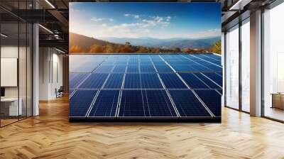 A solar panel installation on a rooftop captures sunlight, showcasing renewable energy while surrounded by scenic mountains and clear skies. Wall mural