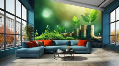 A stack of coins surrounded by fresh green plants symbolizes growth, prosperity, and the connection between nature and finance. Wall mural