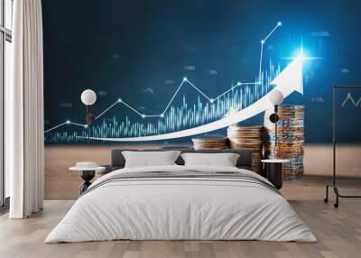 A stack of coins with a glowing arrow indicates financial growth and investment success, set against a dark background with data graphs. Wall mural