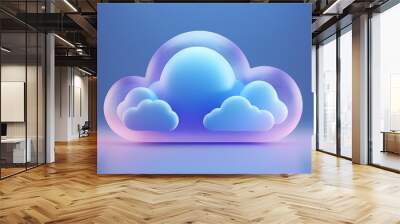 A stylized cloud symbol with a soft gradient design, set against a blue background, representing data storage or digital services. Wall mural