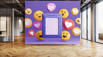 A vibrant, playful scene featuring an empty frame surrounded by colorful emoji faces expressing various emotions against a purple background. Wall mural