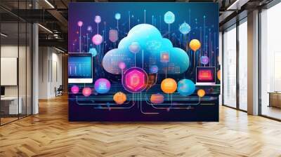 A vibrant illustration of cloud computing with digital devices and colorful data icons interconnected through data streams. Wall mural