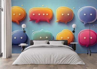 Colorful speech bubbles arranged in two rows, representing communication, dialogue, or messaging concepts in a modern design. Wall mural