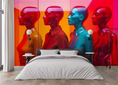 Four female busts of different colors, on purple wall, in the style of vaporwave. Bold compositions, vibrant, neon lights, exaggerated scenes Wall mural