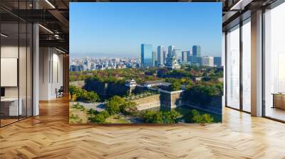 Colorful cityscape of Osaka city and Osaka castle in autumn season with clear blue sky background, Japan. Top view. Landmark of Osaka. Wall mural