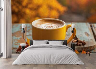 Cozy Autumn Morning with Rustic Coffee and Blanket Wall mural