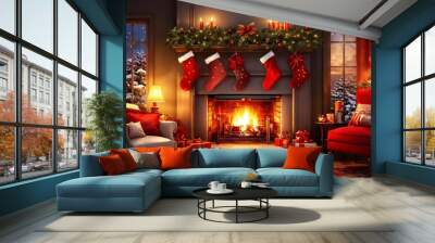 Festive Christmas Card with Bright Illuminated Decor Wall mural