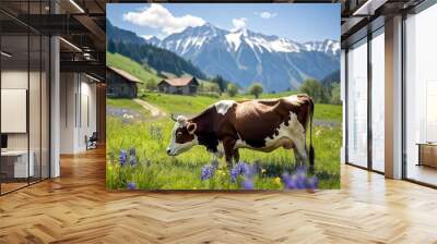 Pastoral Alpine Landscape with Grazing Cows Wall mural