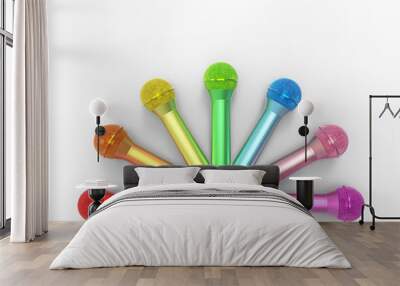 3d rendering. Lgbtq+ rainbow color microphone row on gray background. Wall mural