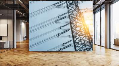 Electricity concept. Close up high voltage power lines station. Wall mural