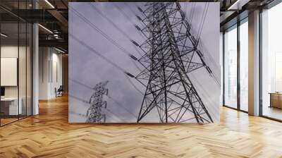 Electricity concept. Close up high voltage power lines station. Wall mural