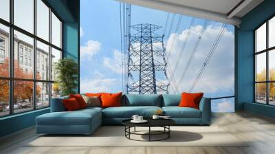 Electricity concept. Close up high voltage power lines station. Wall mural