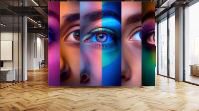 Collage of close-up male and female eyes isolated on colored neon backgorund. Multicolored stripes. Concept of equality, unification of all nations, ages and interests. Diversity and human rights Stoc Wall mural