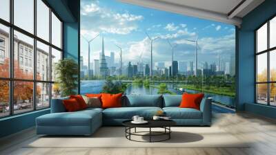 Eco-Friendly Urban Oasis: Sustainable City with Wind Turbines, Solar Panels, and Electric Vehicles Wall mural