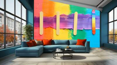 pride month background concept with ripped white mock up paper on colorful popsicle sticks,LGBTQ colors for background, rainbow colors,Pride community, flat lay and copy space concept. Stock Photo pho Wall mural