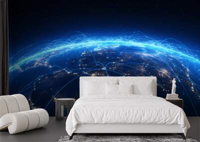 A glowing Earth cradled by a network of glowing lines, set in the blackness of space, Technology concept Wall mural