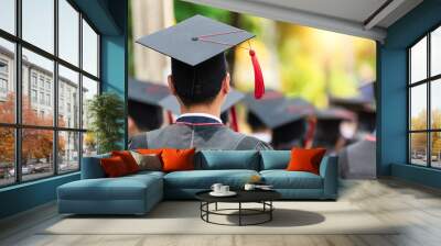 Back side view student graduation of graduates during commencement. Congratulation in University concept, Education concept. Wall mural