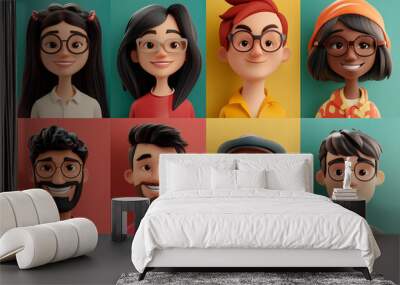 3D cartoon profile picture of 8 smiling various and diversity people. Diverse, people concept Wall mural