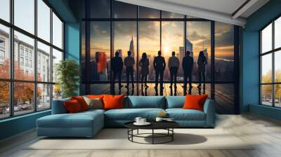 Back view a group of  businessman and businesswoman standing in office looking out window, business aspirations and vision concept. Generative Ai, illustration Wall mural