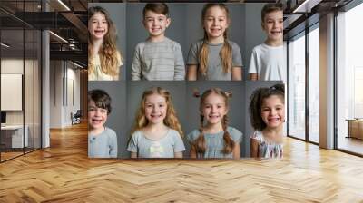 Collage of portraits and faces of smiling children for profile picture on grey background Wall mural