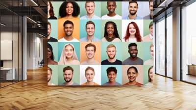 Collage of portraits and faces of smiling multiracial group of various diverse people for profile picture on colorful background. Diversity concept. Generative Ai. Wall mural