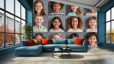 Collage of portraits and faces of smiling multiracial  various diverse children for profile picture Wall mural