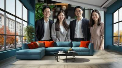 Group of happy young Asian colleagues standing in office. Person, Team work and occupation concept Wall mural