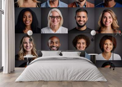 Group of various diverse people for profile picture on grey background. Diversity concept Wall mural