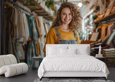 Happy young business owner working on tablet at her clothing store. SME business concept Wall mural