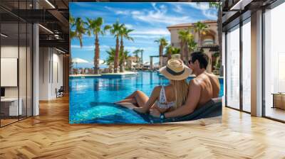 Rear view of couple relaxing at tropical beachfront in luxury hotel. Summer, holiday and lifestyle Wall mural