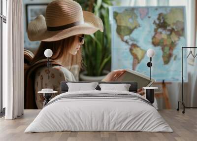 Young woman planning vacation trip with tablet. Travel, summer and holiday concept Wall mural