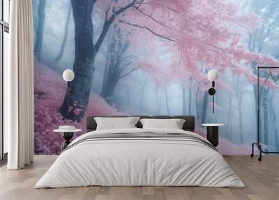 A serene infrared shot of a foggy forest, where the mist and foliage appear in soft pinks and whites, creating an ethereal and calming scene that feels almost dreamlike Wall mural