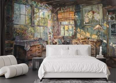 Artistic watercolor of a cozy sewing room with sunlight filtering through windows Wall mural