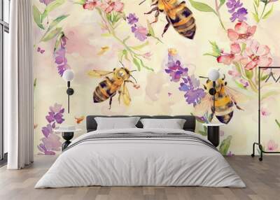 Cheerful bees buzzing around flowers, painted in watercolors seamless pattern Wall mural