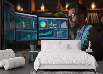 IT analyst reviewing performance metrics on computer screens Wall mural