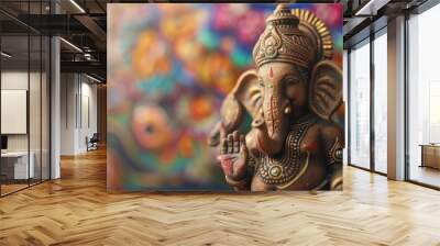 Painted clay idol of Ganesha set against a festive background, ready for Ganesh Chaturthi celebrations Wall mural