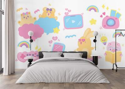 cute and fun girly activities vector set in kawaii cartoon style Wall mural