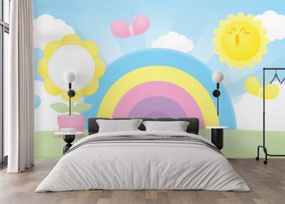 cute kawaii rainbow backdrop with flower and happy sun on green ground graphic illustration vector scene for putting object Wall mural