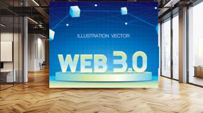 web 3.0 text on podium 3d illustration vector with blockchain graphic element on wide grid pattern futuristic background Wall mural