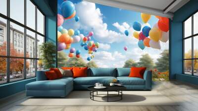 Colorful balloons are on the open lawn, ready to float into the sky, natural white light.  Wall mural