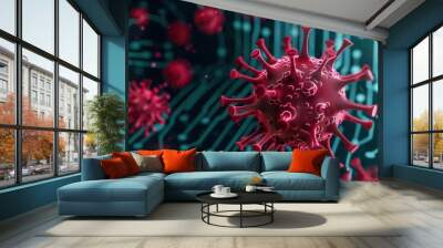 Abstract representation of a virus infiltrating a network, glitch effects, cyber attack, digital corruption Wall mural